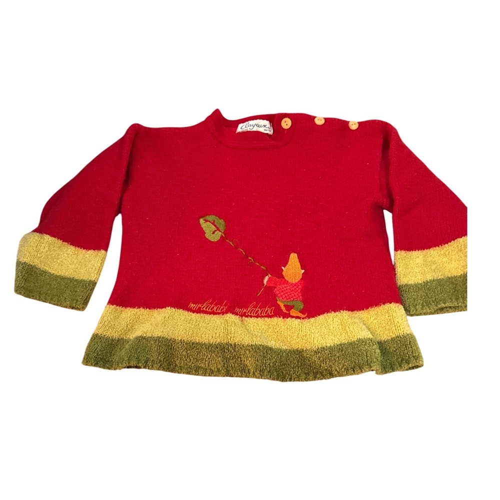 Clayeux France Knit Gnome Sweater Wool Blend Button Shoulder Red Kids Sz 6A/114
